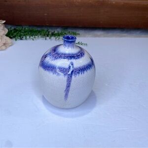 Apex II Blue & White Weed Bud Vase Pottery Handmade Stamped Glazed Swirl Circles